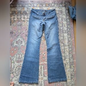 Vintage Y2k Low Rise Flare Jeans 70s Inspired Size 3 14" Waist Stretch Faded